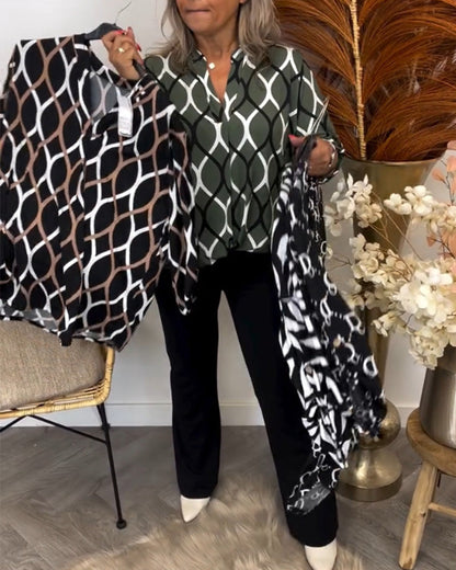 Long sleeve geometric print blouse, detail view