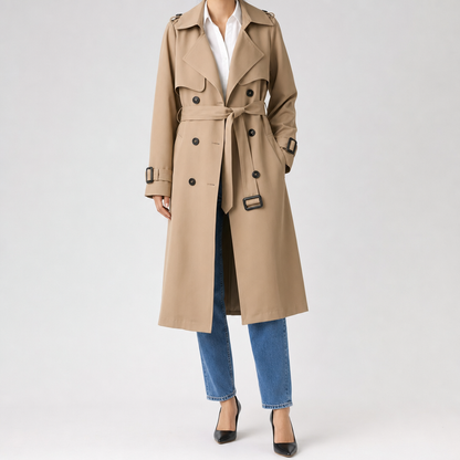 Ileana long belted trench coat, front view