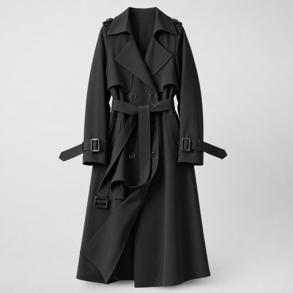 Long belted trench coat in black