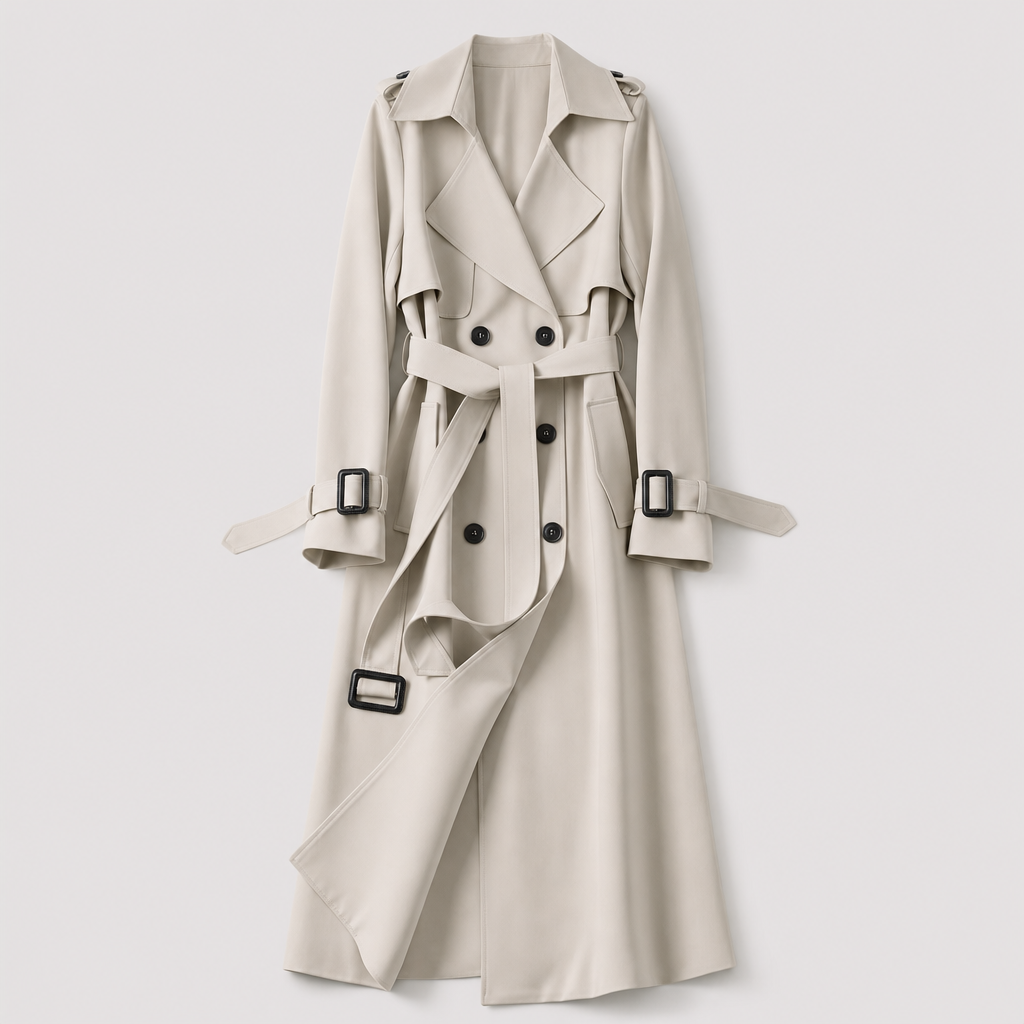Long belted trench coat in cream gray