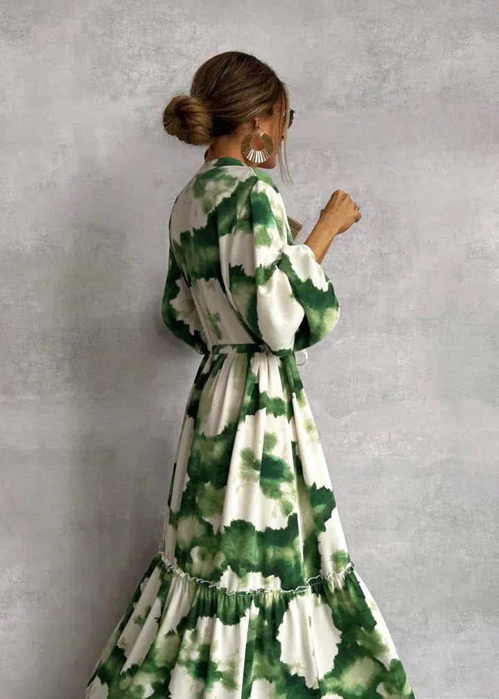 Tie-dye belted long sleeve tiered maxi dress
