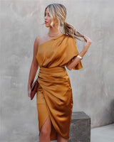 Isabella one-shoulder satin wrap midi dress for women