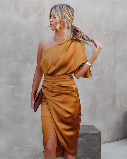 Isabella one-shoulder satin wrap midi dress for women