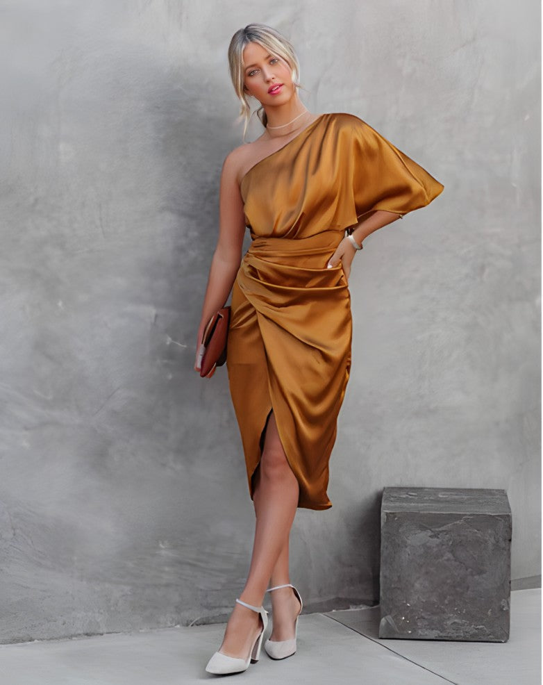 Seraphina | One-Shoulder Satin Wrap Midi Dress