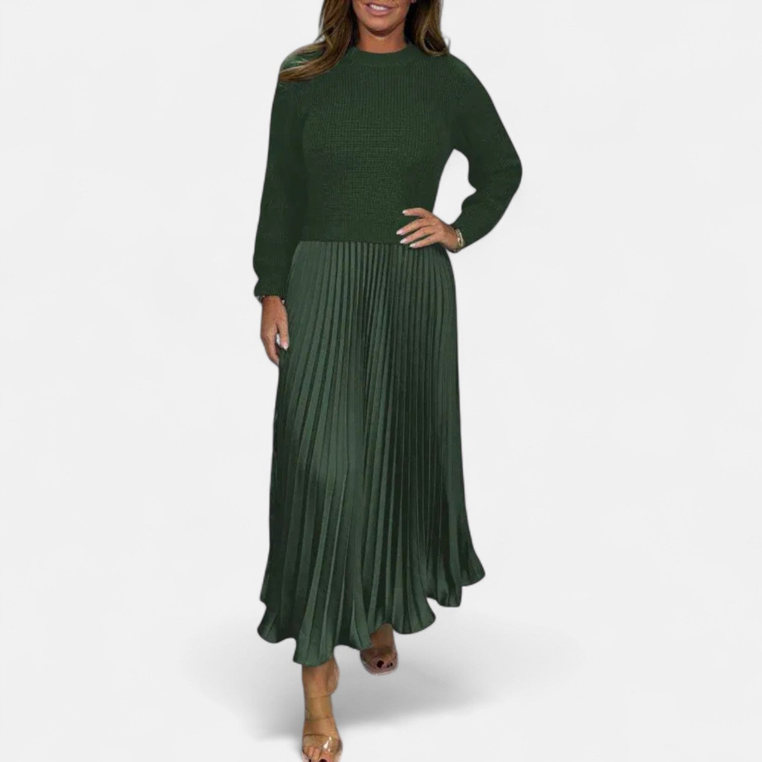 Knit sweater and pleated maxi dress, back view