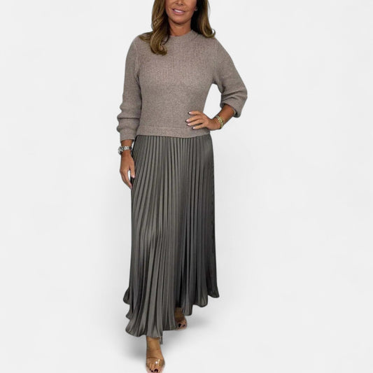 Knit sweater and pleated maxi dress in grey, front view