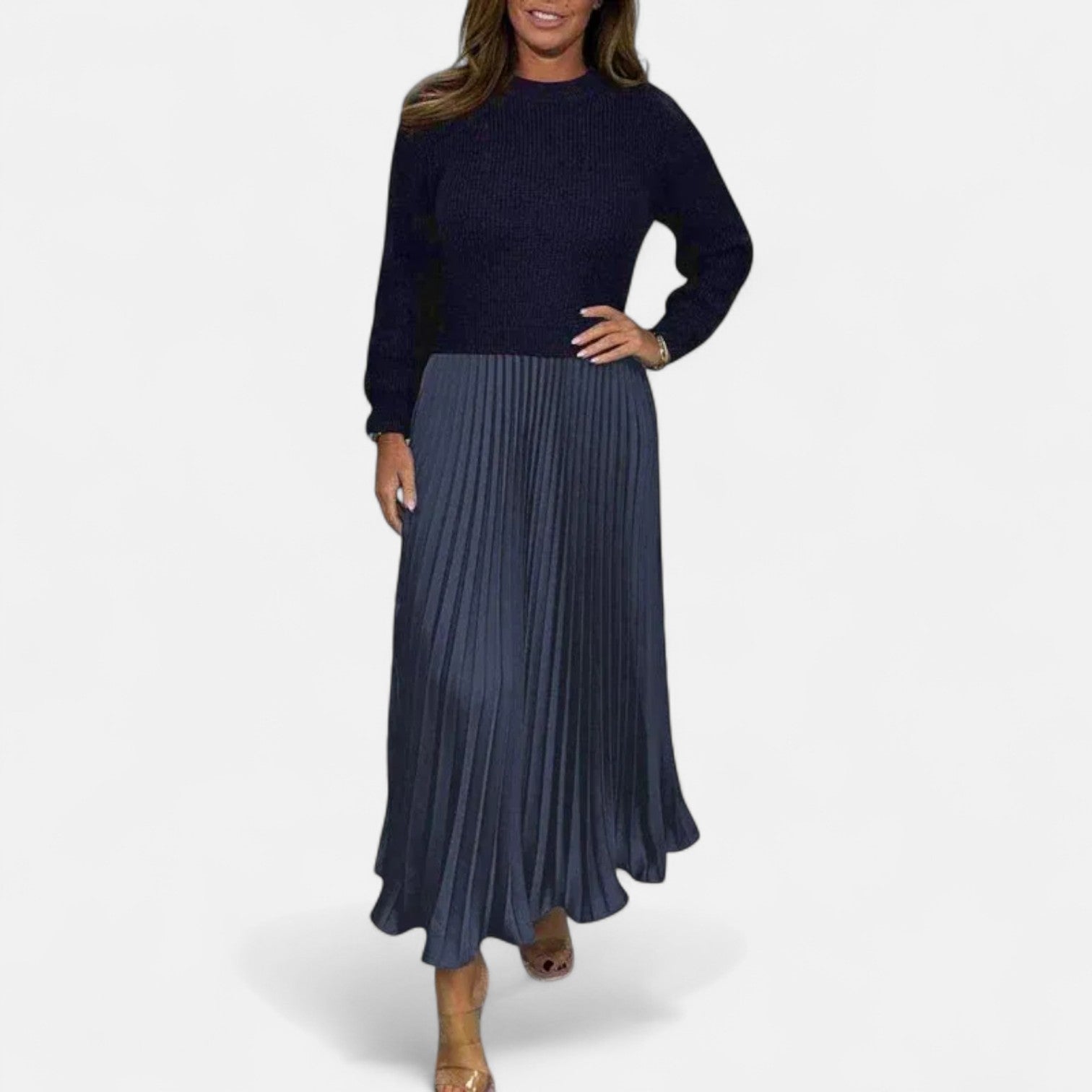 Sweater and pleated maxi dress, side view