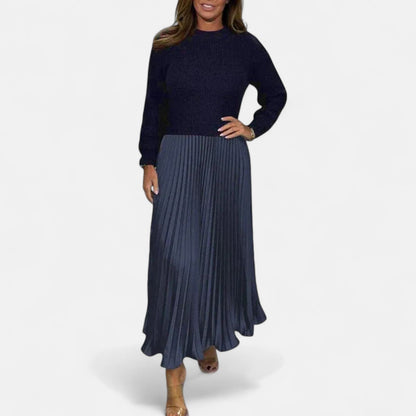Sweater and pleated maxi dress, side view