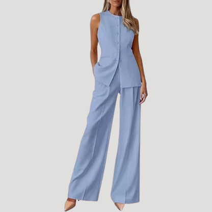 Sleeveless vest and trouser suit set, front view