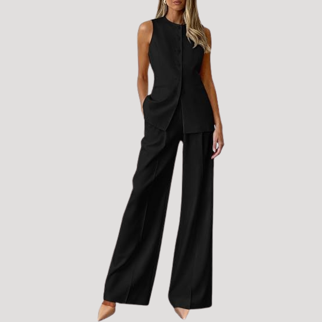 Suit set showing button-front vest detail