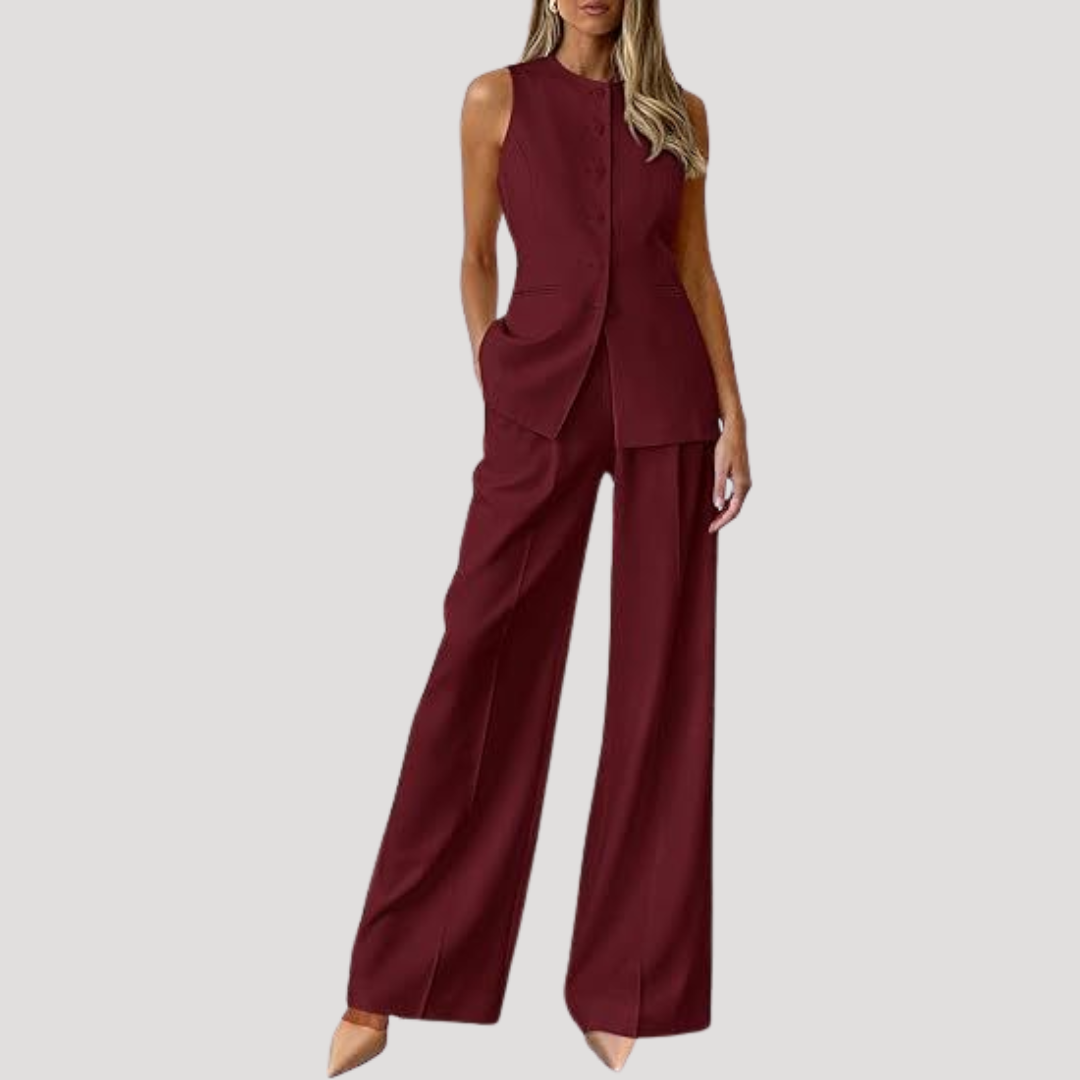 Sleeveless vest with wide-leg trousers, side view