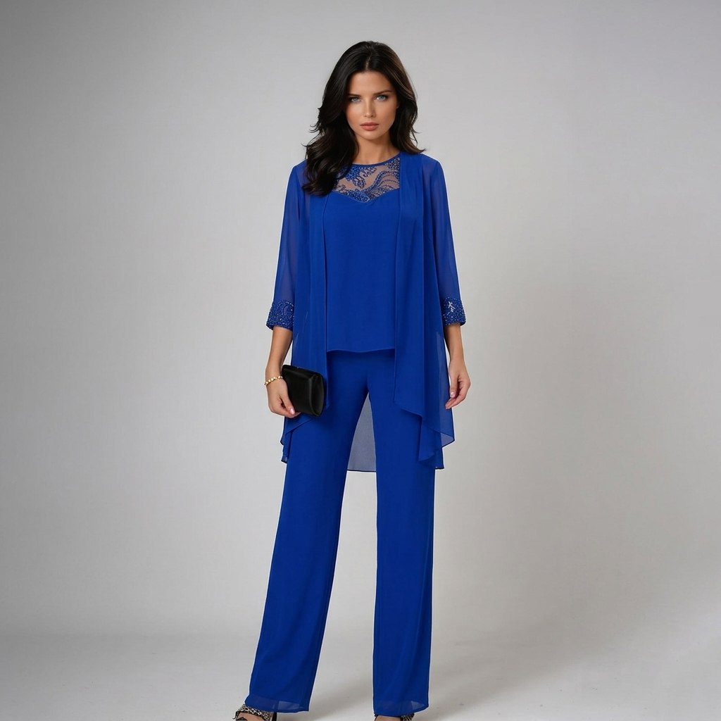 Imelda mother of the bride three-piece set in blue, front view
