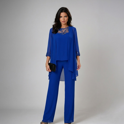 Imelda mother of the bride three-piece set in blue, front view
