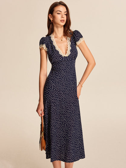 Viviana | Polka Dot Lace Trim Midi Dress