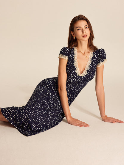 Viviana | Polka Dot Lace Trim Midi Dress