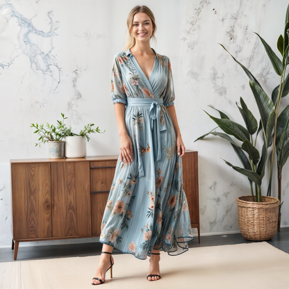 Lorraine | Floral Chiffon Wrap Maxi Wedding Guest Dress