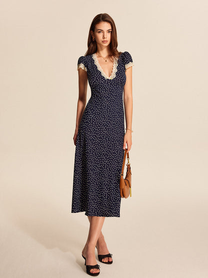 Viviana | Polka Dot Lace Trim Midi Dress