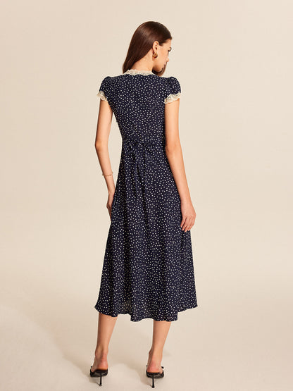 Viviana | Polka Dot Lace Trim Midi Dress