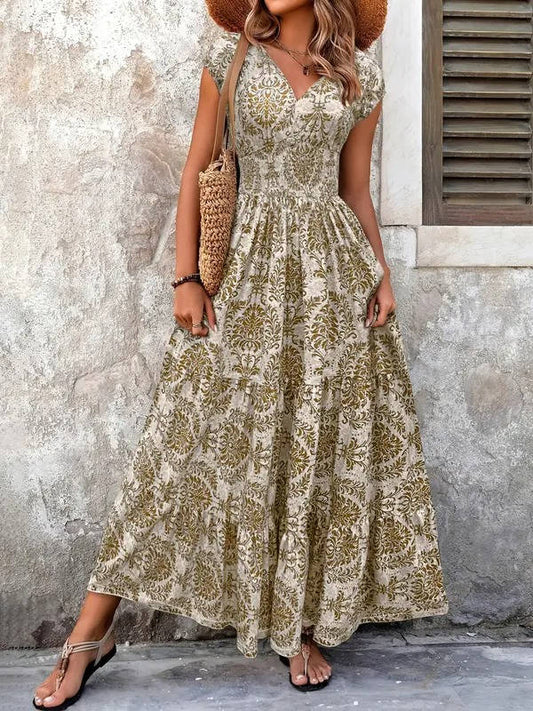 Solenne | Smocked Boho Print Tiered Maxi Dress