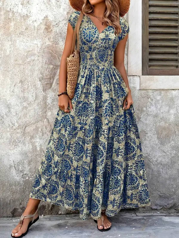 Solenne | Smocked Boho Print Tiered Maxi Dress