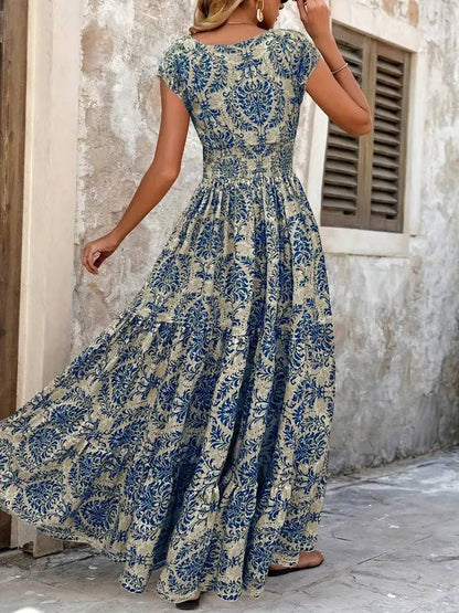 Solenne | Smocked Boho Print Tiered Maxi Dress