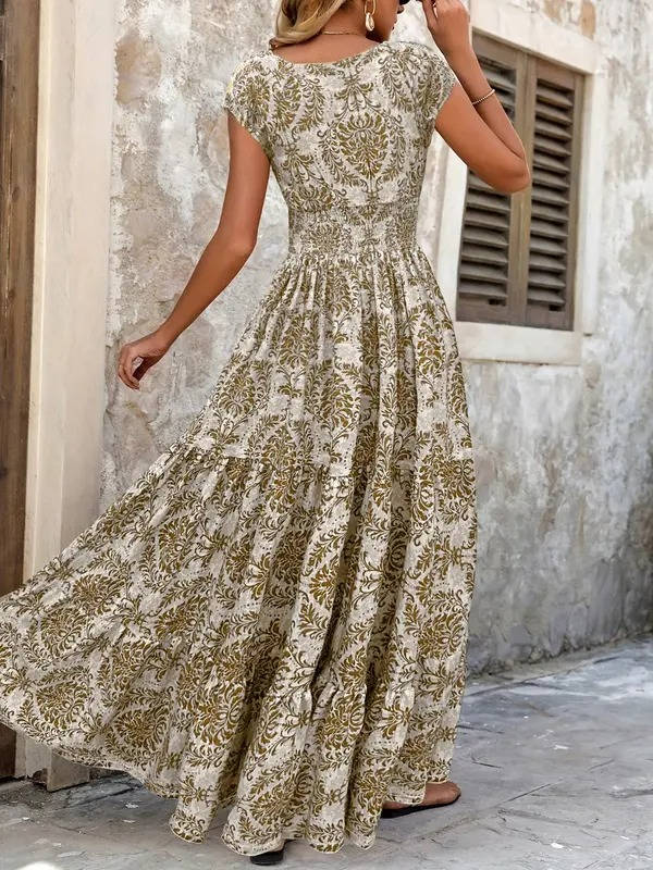 Solenne | Smocked Boho Print Tiered Maxi Dress