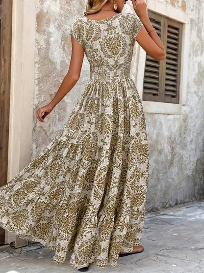 Solenne | Smocked Boho Print Tiered Maxi Dress