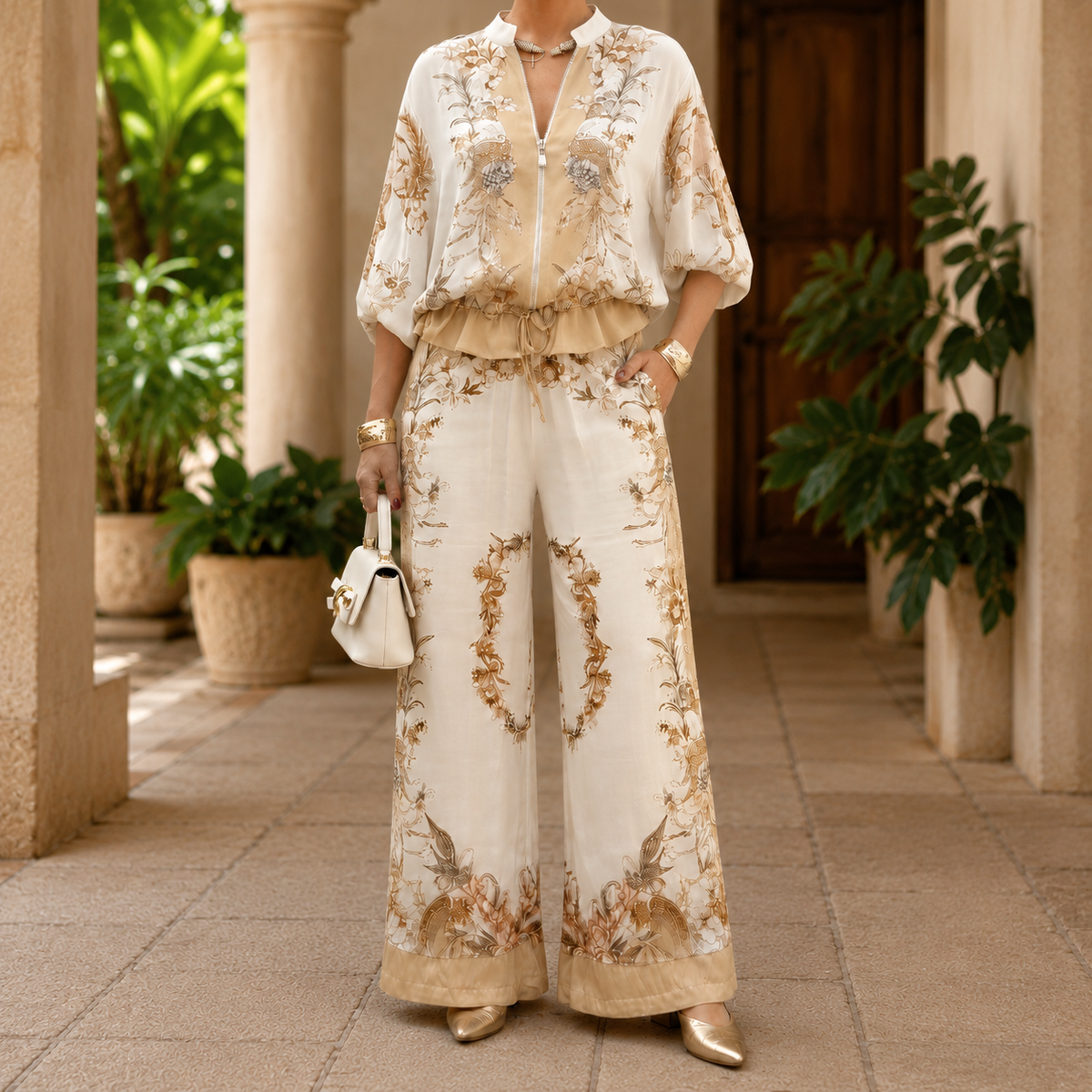 Runa zip-front blouse and wide-leg pants set in beige