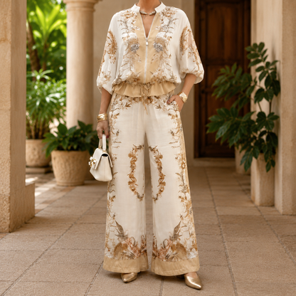 Runa zip-front blouse and wide-leg pants set in beige
