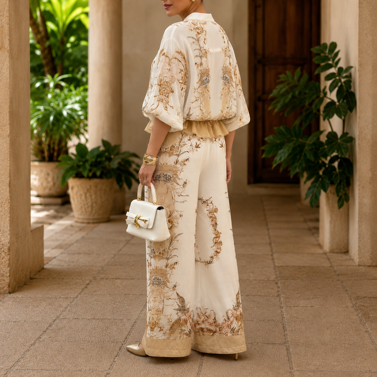 Runa zip-front blouse and wide-leg pants set in beige view 2