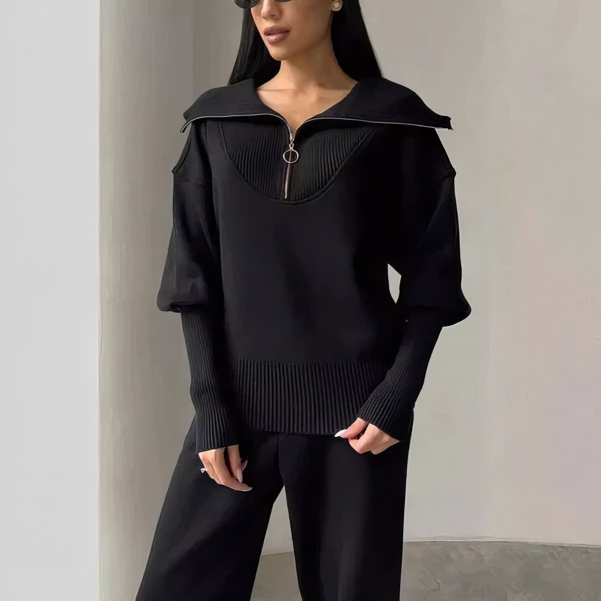 Inez ribbed half-zip lounge set with wide collar, front view