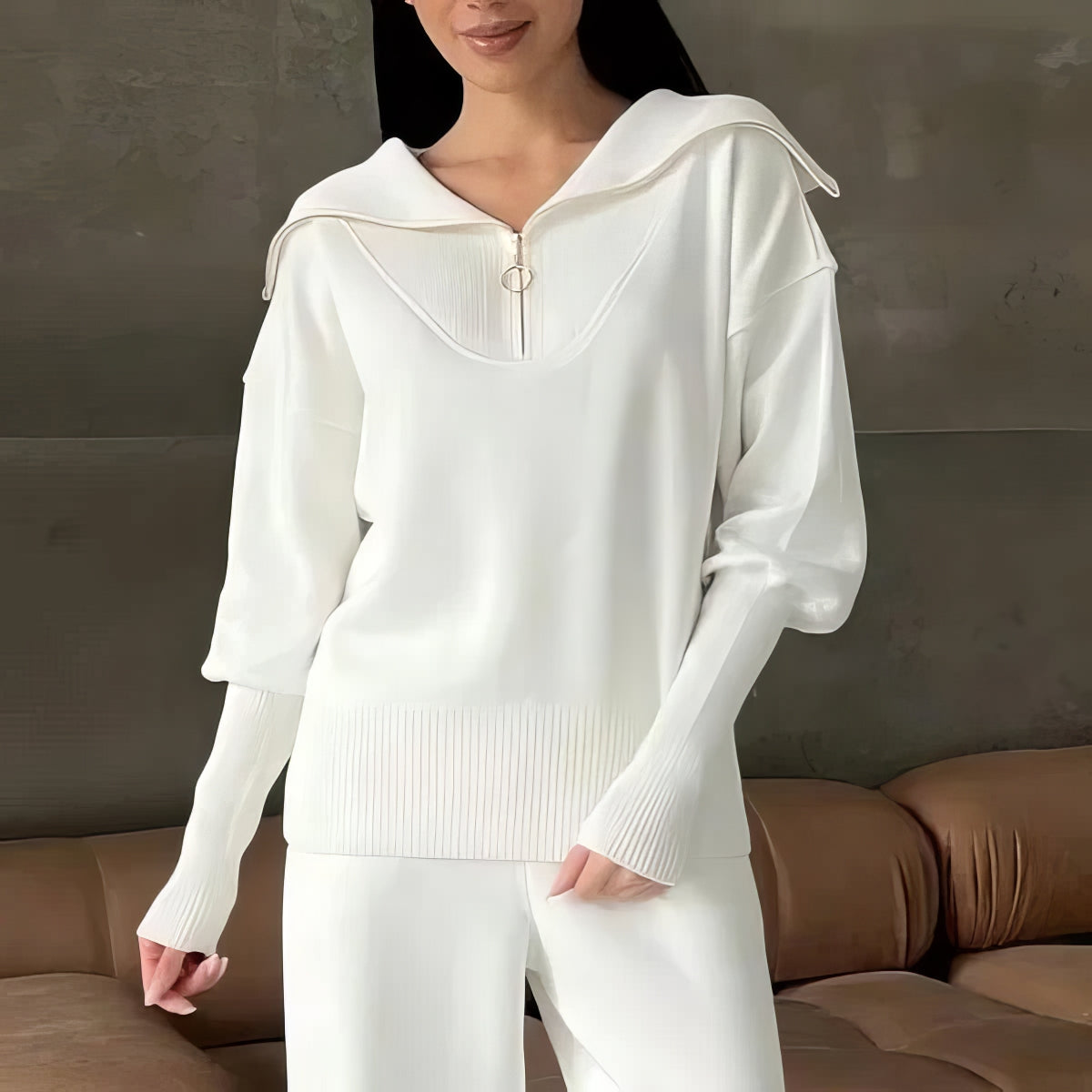 Ribbed half-zip lounge set with wide collar, side view