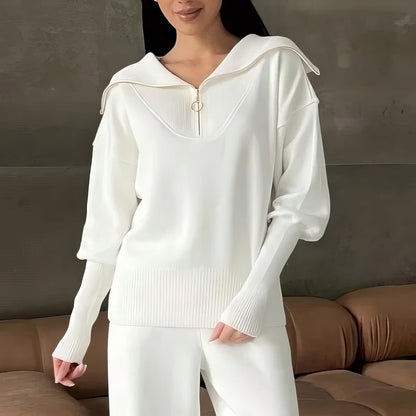 Ribbed half-zip lounge set with wide collar, side view