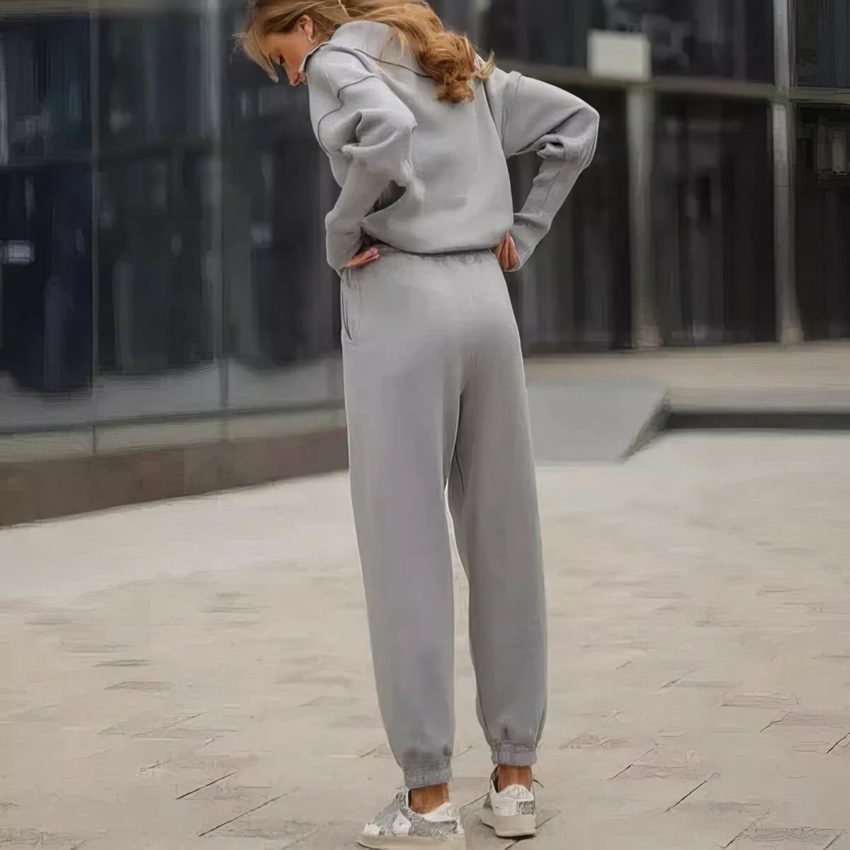 Ribbed half-zip lounge set with wide collar, full-length view