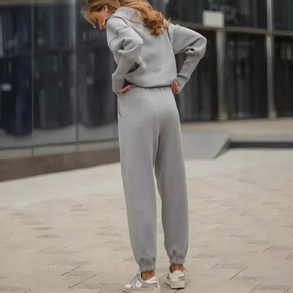 Ribbed half-zip lounge set with wide collar, full-length view