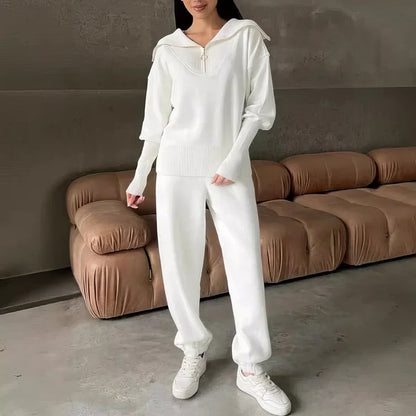 Ribbed half-zip lounge set with wide collar, styled view