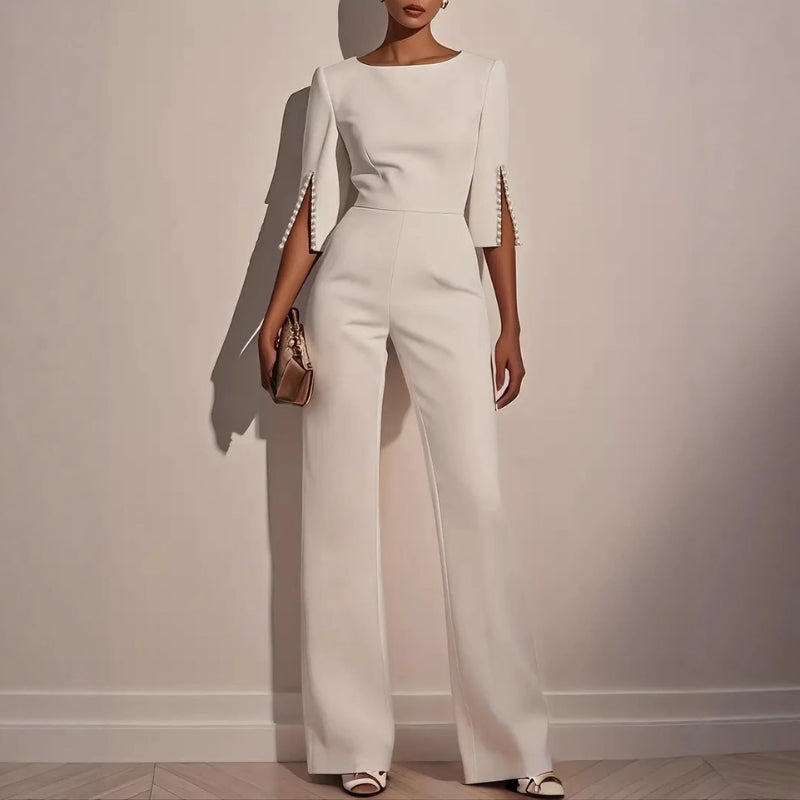 Irene wide-leg jumpsuit with pearl trim, front view