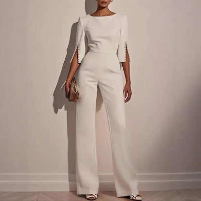 Irene wide-leg jumpsuit with pearl trim, front view