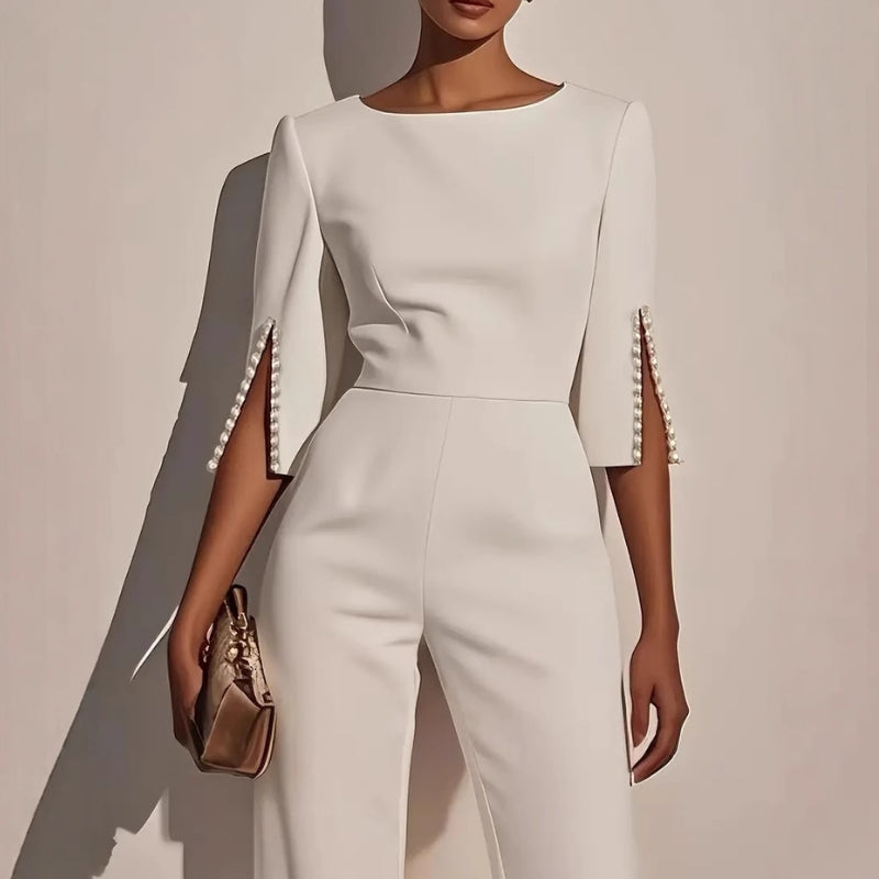 Wide-leg jumpsuit with pearl trim, side view