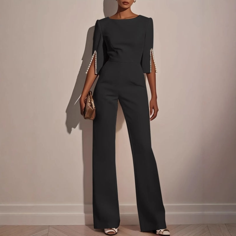 Wide-leg jumpsuit with pearl trim, back view