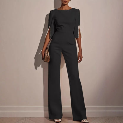 Wide-leg jumpsuit with pearl trim, back view
