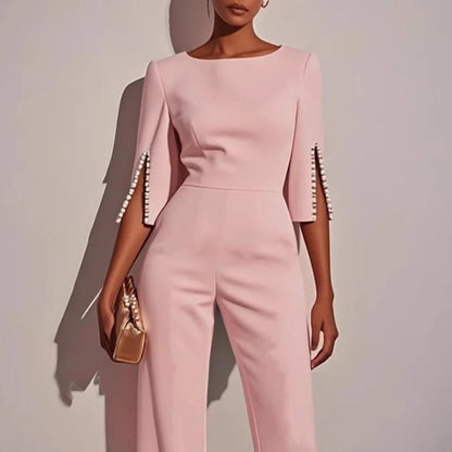 Wide-leg jumpsuit with pearl trim, full-length view
