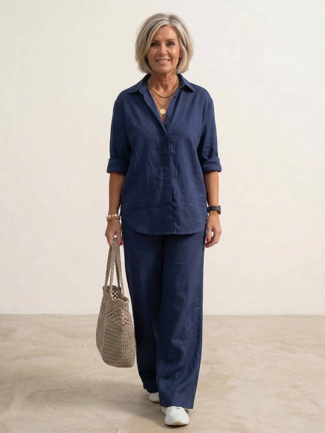 Button-down shirt and wide-leg trouser set, front view