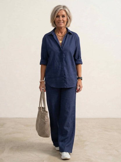 Button-down shirt and wide-leg trouser set, front view