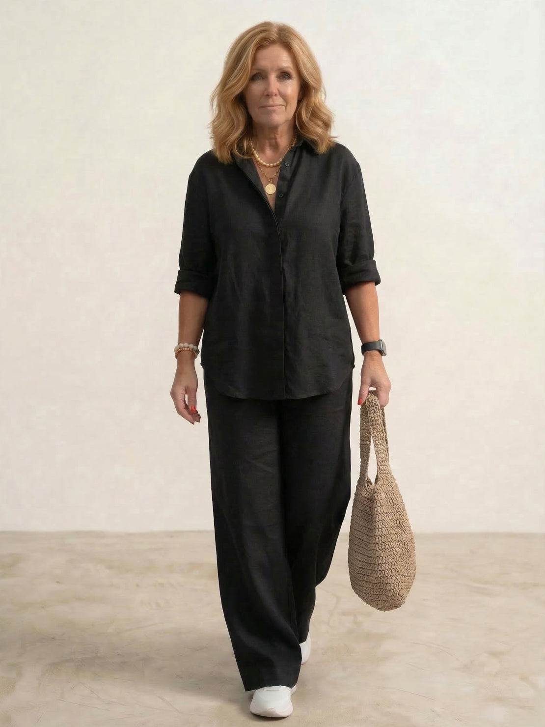 Button-down shirt with wide-leg trousers, side view