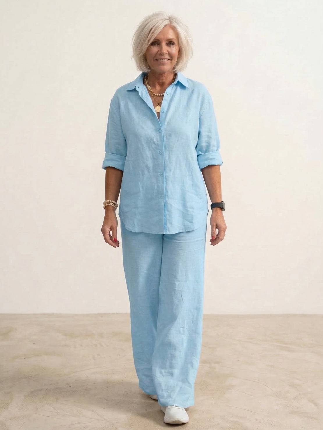 Collared shirt and trouser set, back view