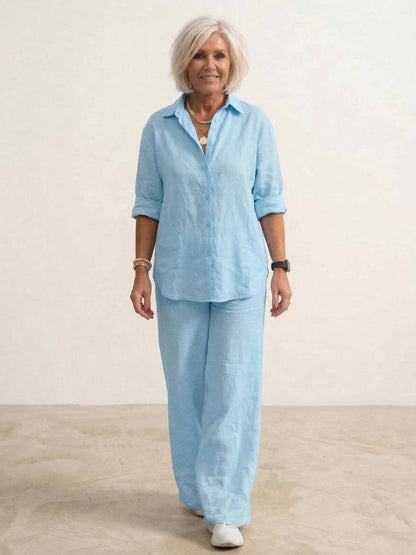 Collared shirt and trouser set, back view