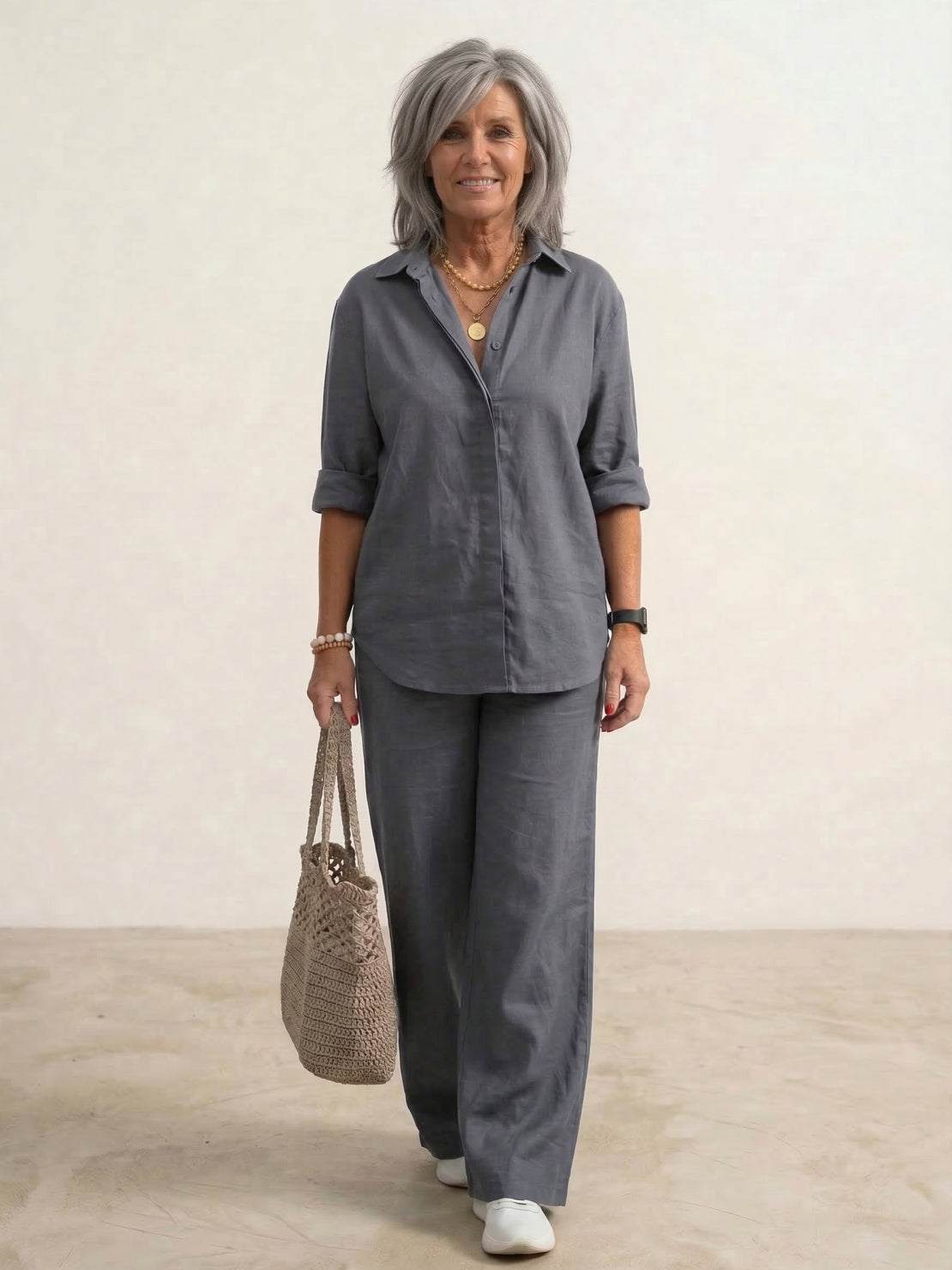 Shirt and wide-leg trouser set shown on model