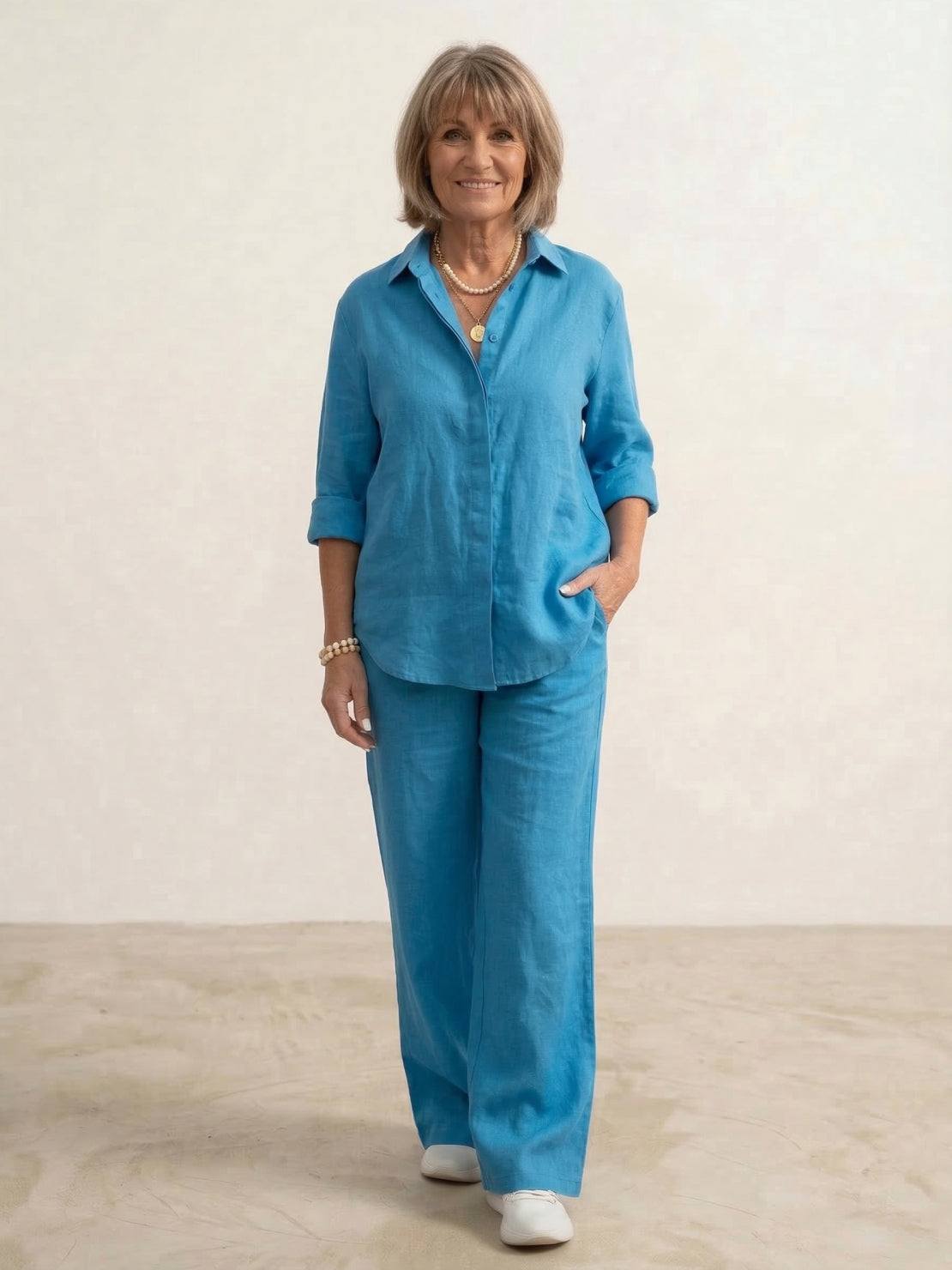 Button-down shirt set showing elastic-waist trousers