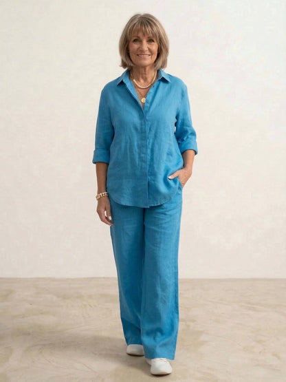 Button-down shirt set showing elastic-waist trousers